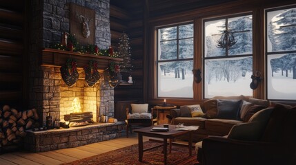 Cozy Christmas cabin scene with a warm fireplace, stockings hanging, and a snowy winter landscape visible through the large windows.
