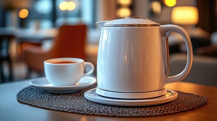 Fototapeta premium White electric kettle and coffee cup on table.