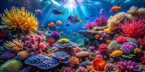 Obraz premium Captivating Portrait of Colorful Corals and Diverse Sea Life in a Lively Underwater Aquarium Setting, Showcasing the Beauty of Marine Biodiversity and Ecosystem Harmony