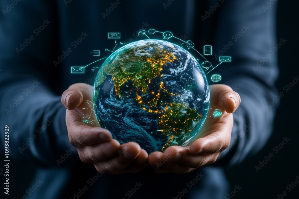 Aufkleber a person holding a vibrant holographic display of the earth, surrounded by speech bubbles in various