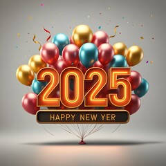 Festive scene featuring glowing golden 2025 numbers illuminated with light bulbs, surrounded by colorful balloons and confetti, with vibrant fireworks lighting up the evening sky. A hyper-realistic, l