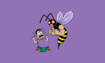 Scared man facing a muscular angry wasp