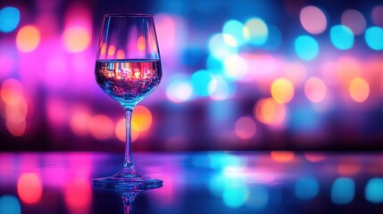 Wine glass on bar with colorful bokeh lights.
