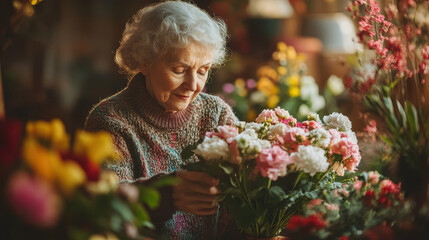 senior person with flowers
