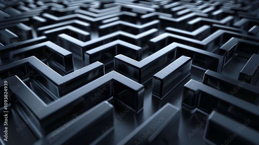 Poster a 3d rendering of a maze created using black, angular shapes.