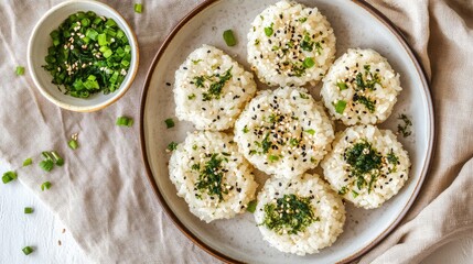 Delicious Japanese Rice Balls Garnished with Seaweed, Sesame Seeds, and Chopped Green Onions Served on a Rustic Plate with Soft Cloth Background