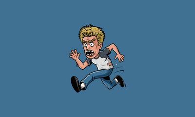 Panicked man running in fear with a terrified expression