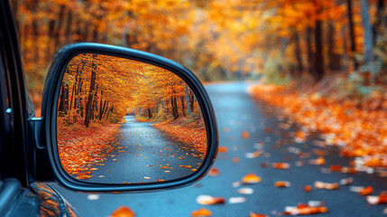 Reflection of a sunny autumn road in a car's side mirror with vibrant fall foliage showing the journey ahead captured in the rearview mirror symbolizing nostalgia and looking back while moving forward