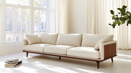 Luxurious and Minimalist Living Space with Natural Sunlight and Walnut Wood Accents