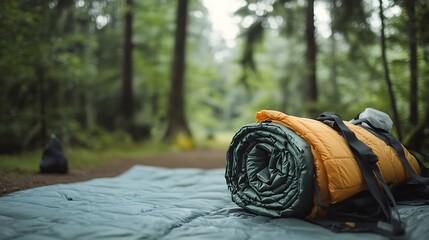 Fototapeta premium A close-up of camping gear including a rolled-up sleeping bag and groundsheet ready for use at a forested location. 