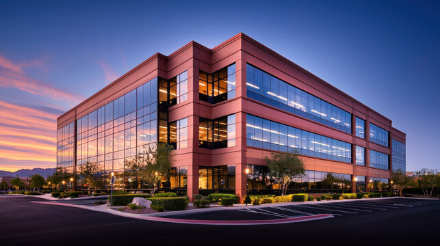 Modern commercial building with large glass windows and vibrant sunset