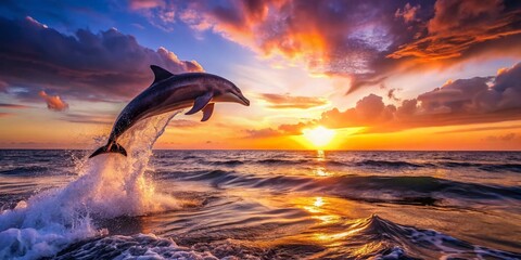 Fototapeta premium Captivating Scene of a Bottlenose Dolphin Leaping Through Crystal Clear Ocean Waters at Sunset, Showcasing Nature's Beauty and Marine Life in Action
