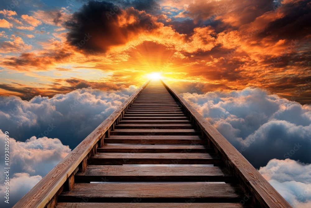 Aufkleber an awe-inspiring scene of a long, straight staircase stretching high into the clouds, leading to a r