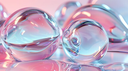 Close up of iridescent glass orbs on a pink background.