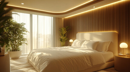 cozy bedroom with soft lighting from a reading lamp, a book resting on the bed, creating a peaceful, inviting atmosphere perfect for relaxation and unwinding in comfort