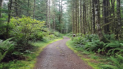 A scenic wilderness trail winding through dense forests, with a camper walking towards an adventure. 