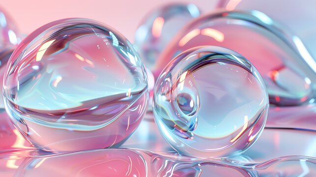 Close up of iridescent glass orbs on a pink background.