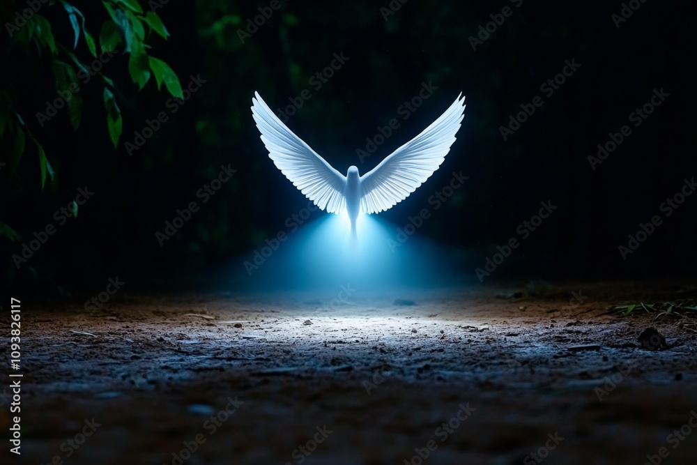 Poster angel ascending through a beam of light in a dark forest, creating an ethereal and hopeful ambiance