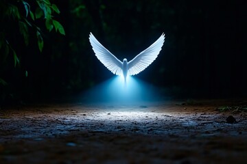 Fototapeta premium Angel ascending through a beam of light in a dark forest, creating an ethereal and hopeful ambiance