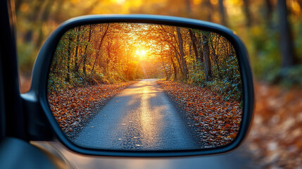 Reflection of a sunny autumn road in a car's side mirror with vibrant fall foliage showing the journey ahead captured in the rearview mirror symbolizing nostalgia and looking back while moving forward