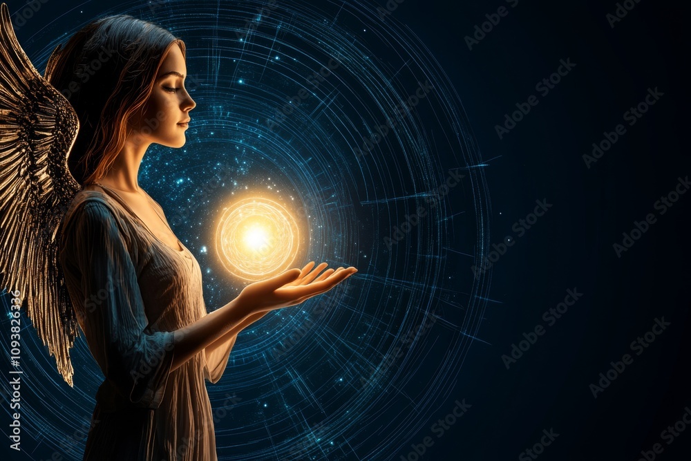 Poster angel holding a glowing orb of energy, surrounded by celestial patterns and cosmic light