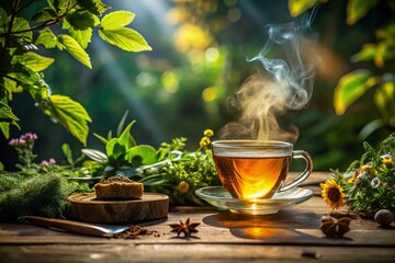 Captivating Silhouette of a Herbal Tea Setup with Steam Rising from a Cup Surrounded by Fresh Herbs and Leaves, Perfect for Relaxation and Wellness Themes in Photography