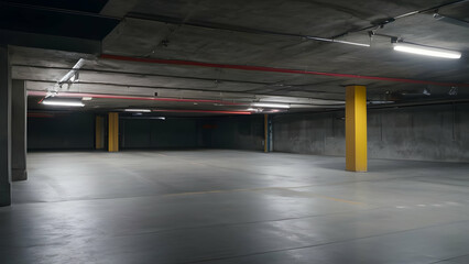 Empty parking lot in the basement of a shopping center, featuring concrete walls and a clean urban aesthetic.