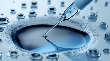 Experiment involving a pipette dropping liquid into a blue droplet on a surface in a scientific...