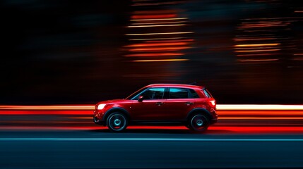 Obraz premium Fast-moving red vehicle, light streaks, vibrant blurred background, sense of speed