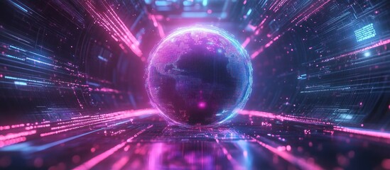Obraz premium Futuristic digital globe in a glowing tunnel.