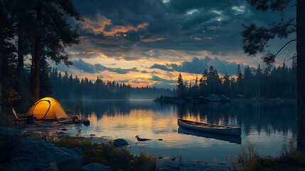 A tranquil outdoor setting featuring a lake reflecting the evening sky, a canoe, and a camping setup on the shore. 