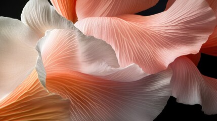 Delicate Petals of a Blooming Flower with Soft Coral and Cream Tones Against a Dark Background, Showcasing Intricate Textures and Graceful Movement