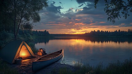 A tranquil outdoor setting featuring a lake reflecting the evening sky, a canoe, and a camping setup on the shore. 