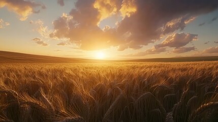 Obraz premium Golden Wheat Field Under Sunset Sky with Dramatic Clouds and Warm Light Emphasizing the Beauty of Nature and Agriculture in a Serene Landscape Scene