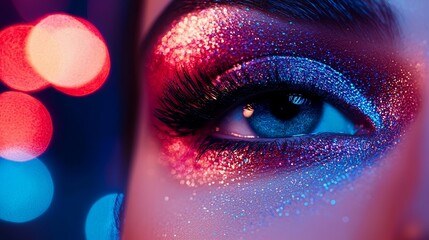 Bold makeup close-up for concert series, vibrant colors with a blurred venue backdrop, overlay text for schedule, ideal for event promotions and ads
