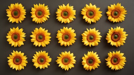 Bright and Cheerful Sunflowers Arranged in a Geometric Pattern on a Dark Background, Perfect for Celebrating Summer and Nature's Beauty in Art and Design Projects