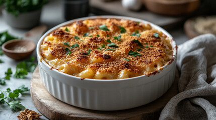 creamy, baked macaroni and cheese served in a white dish, golden and bubbling, inviting comfort and warmth, perfect for family meals or gatherings, symbolizing home-cooked joy and tradition