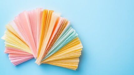 Colorful Selection of Paper Sheets Fanned Out on a Blue Background Showcasing Varied Textures and Pastel Hues Ideal for Crafting and Design Projects