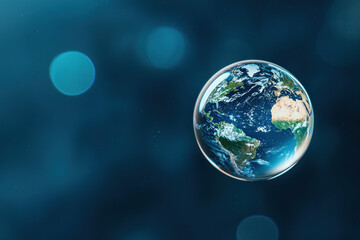 clear droplet suspended in space reflects Earth, showcasing its beauty and fragility. This captivating image evokes sense of wonder and connection to our planet