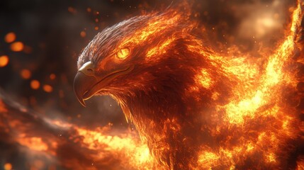 Fiery eagle, a majestic creature engulfed in flames, its intense gaze piercing through the inferno. A symbol of power, rebirth, and untamed nature.