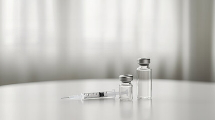 Vials and syringe placed on a table in a clinical setting with soft lighting