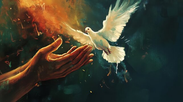 A painted image of a white dove taking flight from outstretched hands, bathed in warm, golden light against a dark teal backdrop.  A symbolic representation of peace and hope.