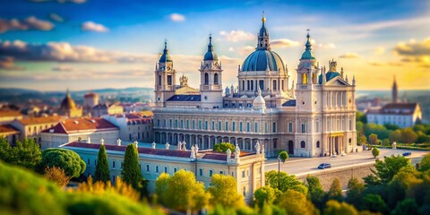 Fototapeta premium Captivating Tilt-Shift Photography of Almudena Cathedral in Madrid Showcasing Its Stunning Architecture and Surrounding Landscape in a Miniature Effect