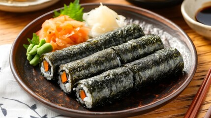 Deliciously arranged sushi rolls with fresh vegetables, served on a rustic wooden table, garnished with wasabi and pickled ginger for an authentic Japanese cuisine experience