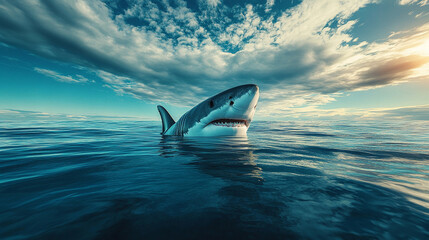 lone shark fin breaks the surface of the calm ocean symbolizing hidden dangers and the unknown capturing the viewer's attention as the tranquil water contrasts with the implied threat of the unseen pr