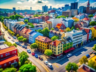 Captivating Tilt-Shift Photography of Urban Landscape Emphasizing PUSH and PULL Warped Color Design for a Unique Visual Experience in City Life