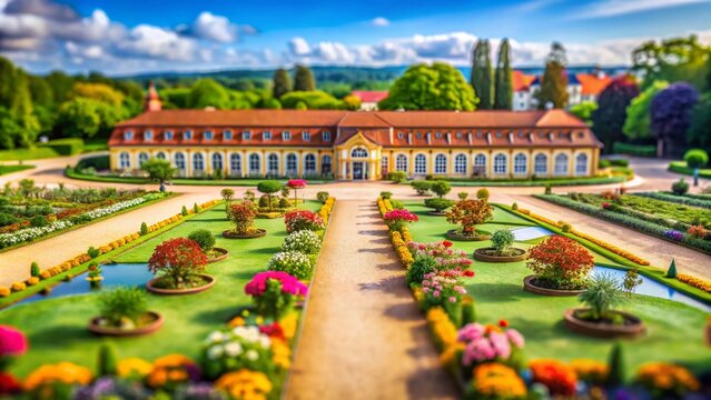 Captivating Tilt-Shift Photography of the Orangerie Ansbach Showcasing its Lush Gardens and Architectural Elegance in a Miniature World Style