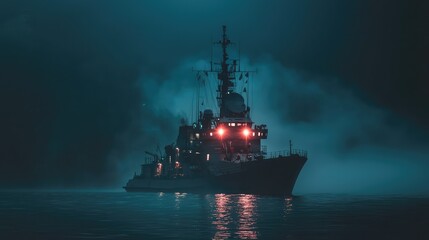 Obraz premium Mysterious Navy Ship in Foggy Waters at Night with Red Lights Illuminating the Dark Surroundings, Creating an Atmospheric and Dramatic Scene of Maritime Adventure