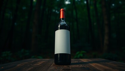 Red Wine Bottle Mockup Blank Label Forest Background Dark Woods