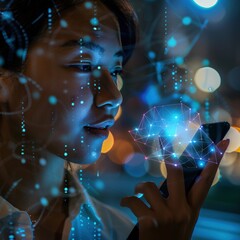 A woman is looking at a cell phone with a blue screen